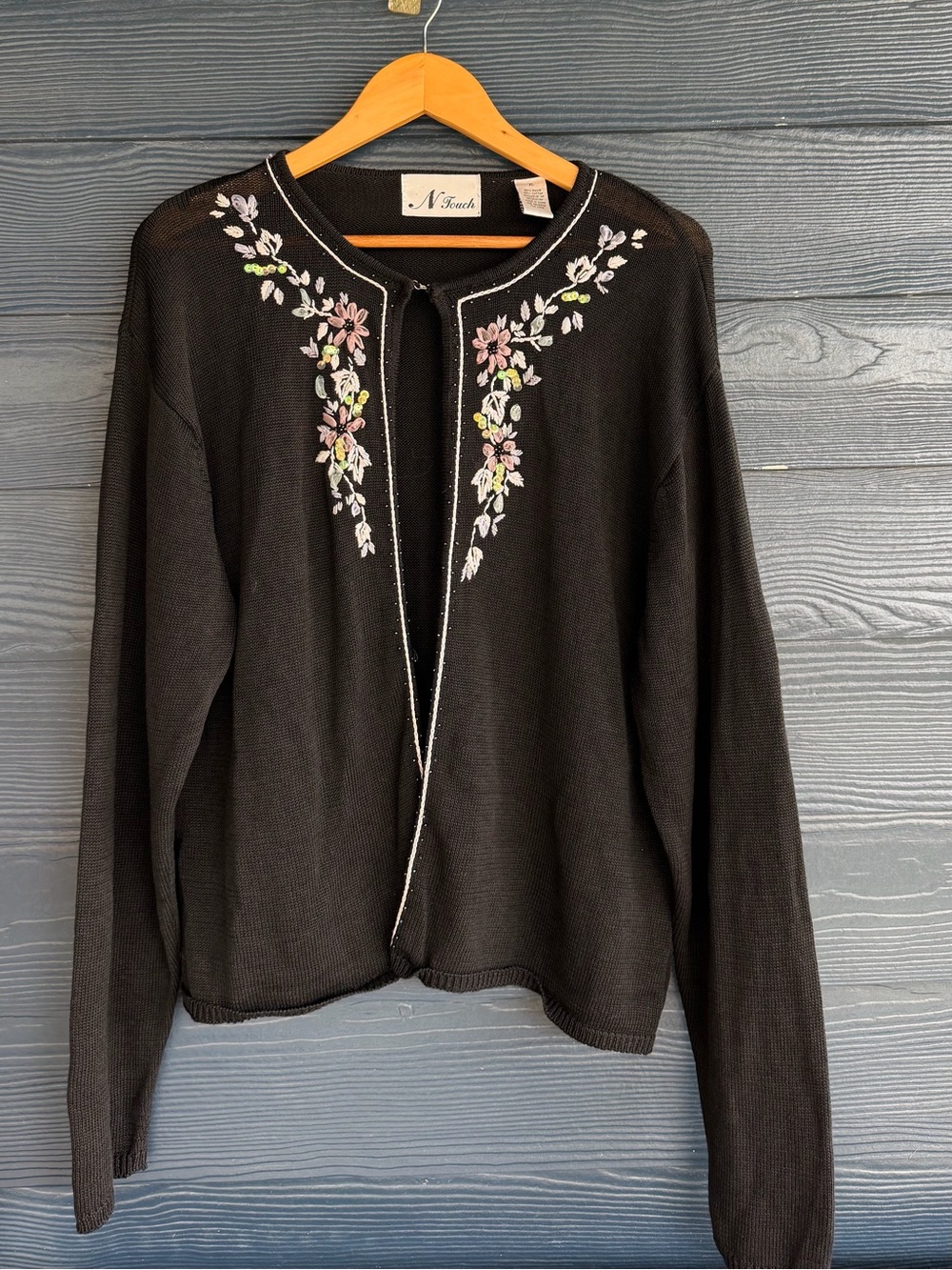N Touch Black Embroidered Open-Front Cardigan